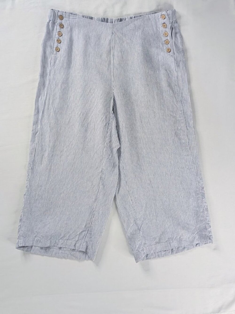 J Jill Linen Blue White Stripe Wide Leg Crop Side Button Sailor Pants Lagenlook